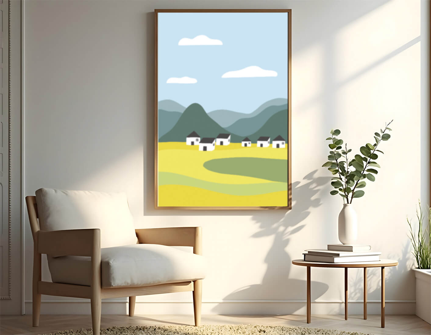 Pastoral Landscape with Mountains and Houses Under Blue Sky