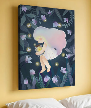 Illustration d'une fille avec un bocal lumineux dans un jardin au clair de lune
