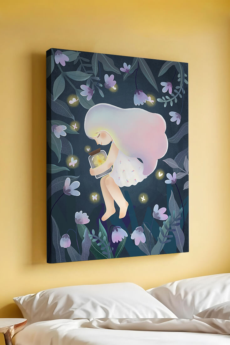Illustration of a girl with glowing jar in moonlit garden