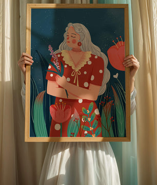 Serene illustration of a woman with flowers under a starry night sky