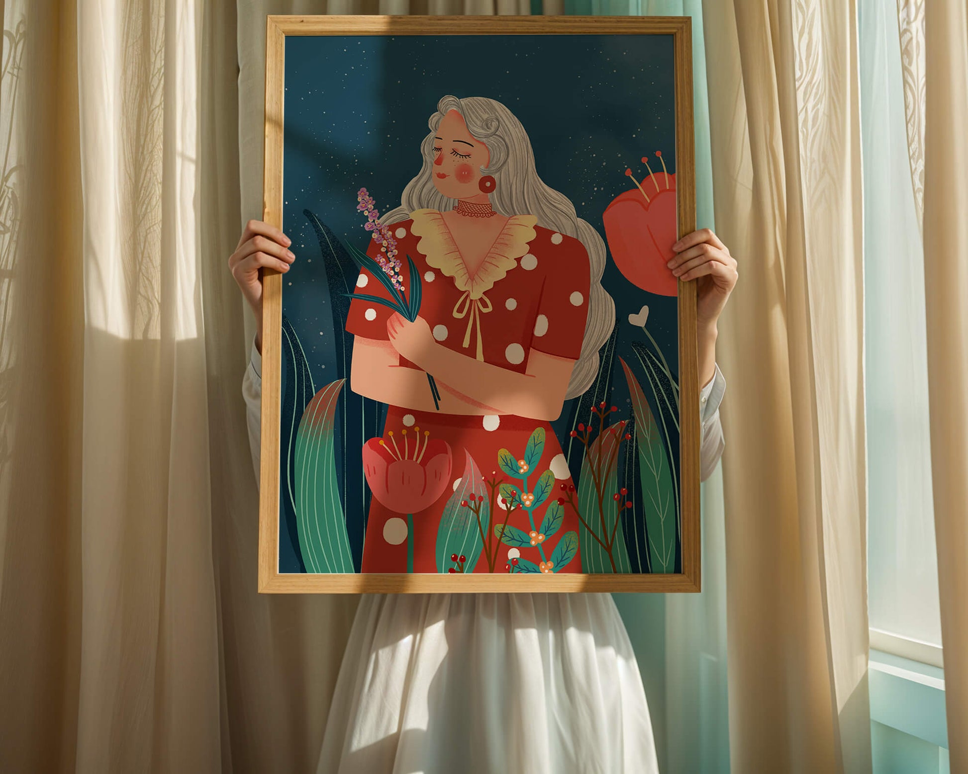 Serene illustration of a woman with flowers under a starry night sky