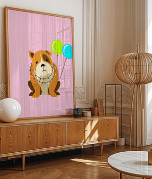 Perro de dibujos animados adorable con luces festivas y globos coloridos sobre fondo rosa