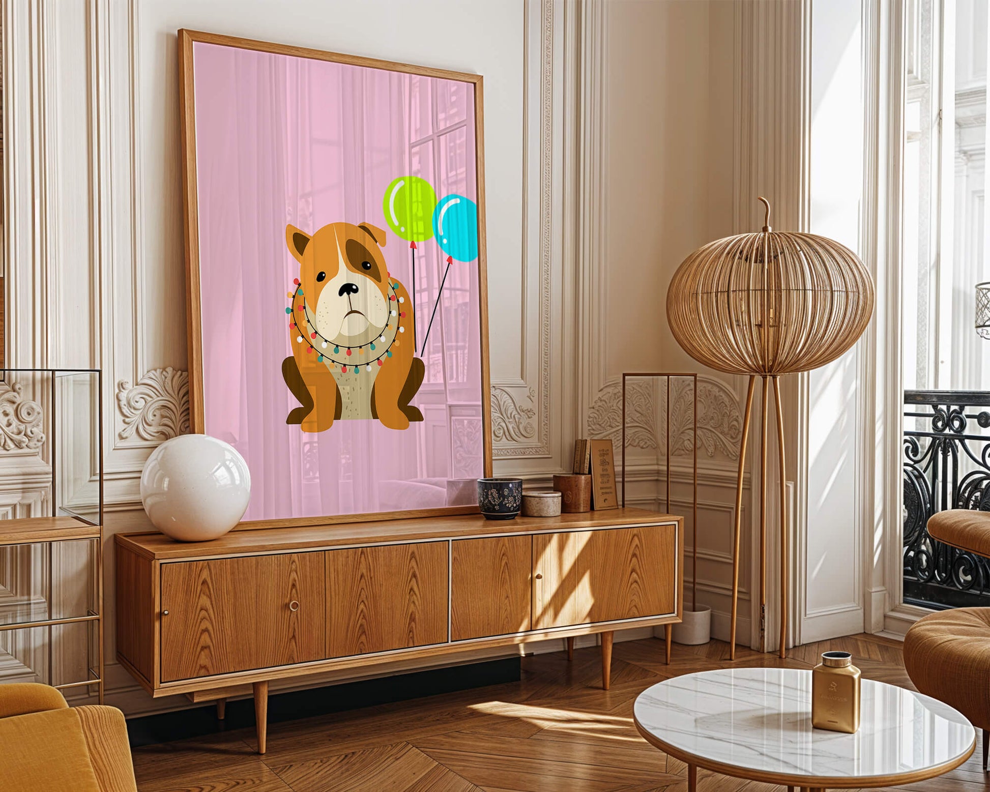 Perro de dibujos animados adorable con luces festivas y globos coloridos sobre fondo rosa