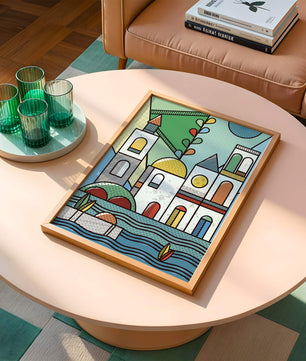Paysage urbain géométrique coloré avec des éléments architecturaux modernes