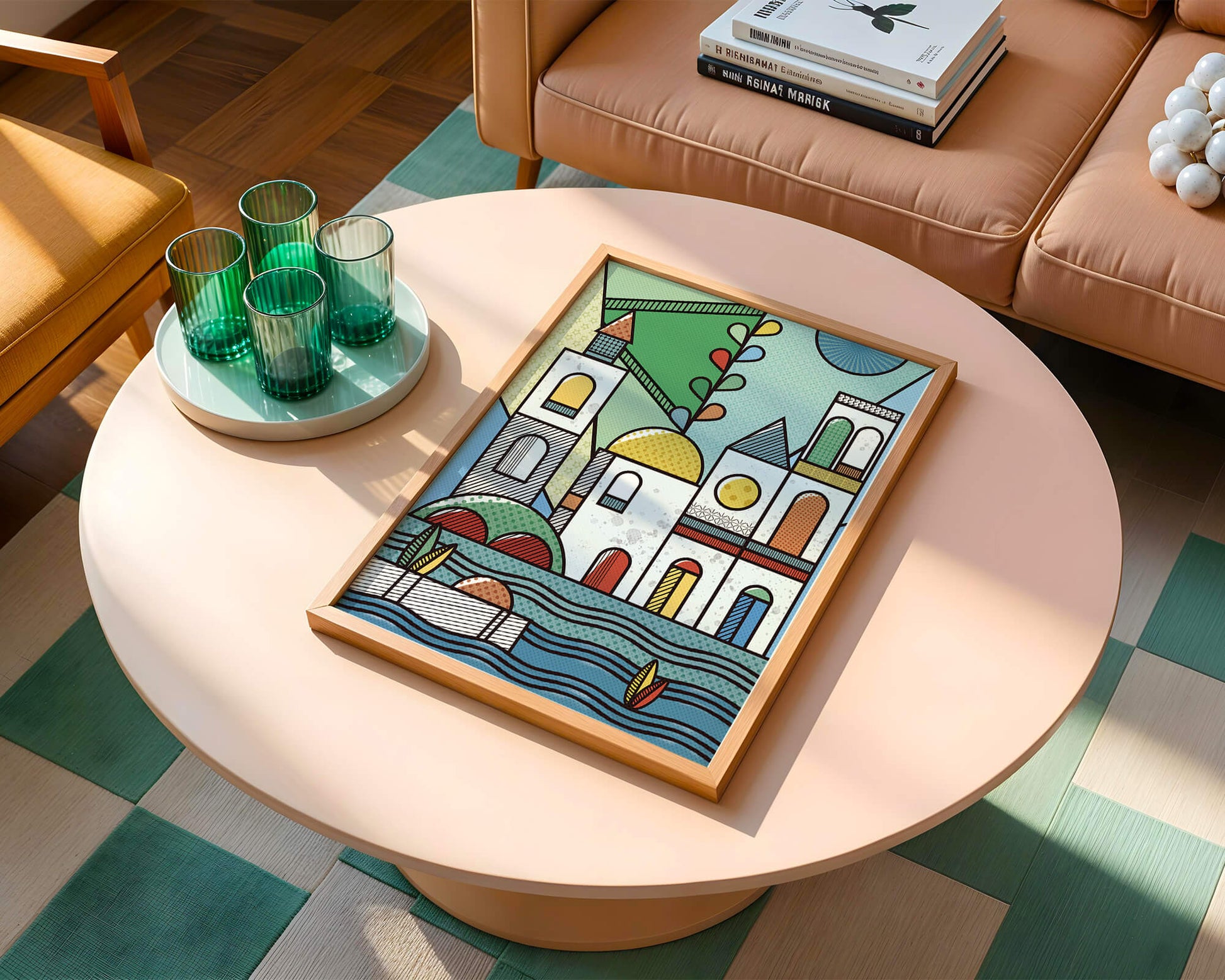 Paysage urbain géométrique coloré avec des éléments architecturaux modernes