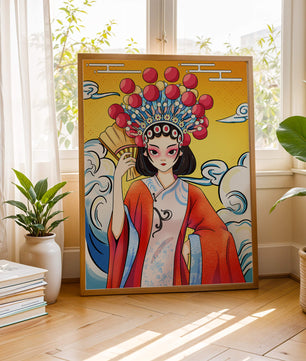 Eine elegante Darstellung asiatischer Kunst mit traditioneller Kleidung und kunstvollem Kopfschmuck