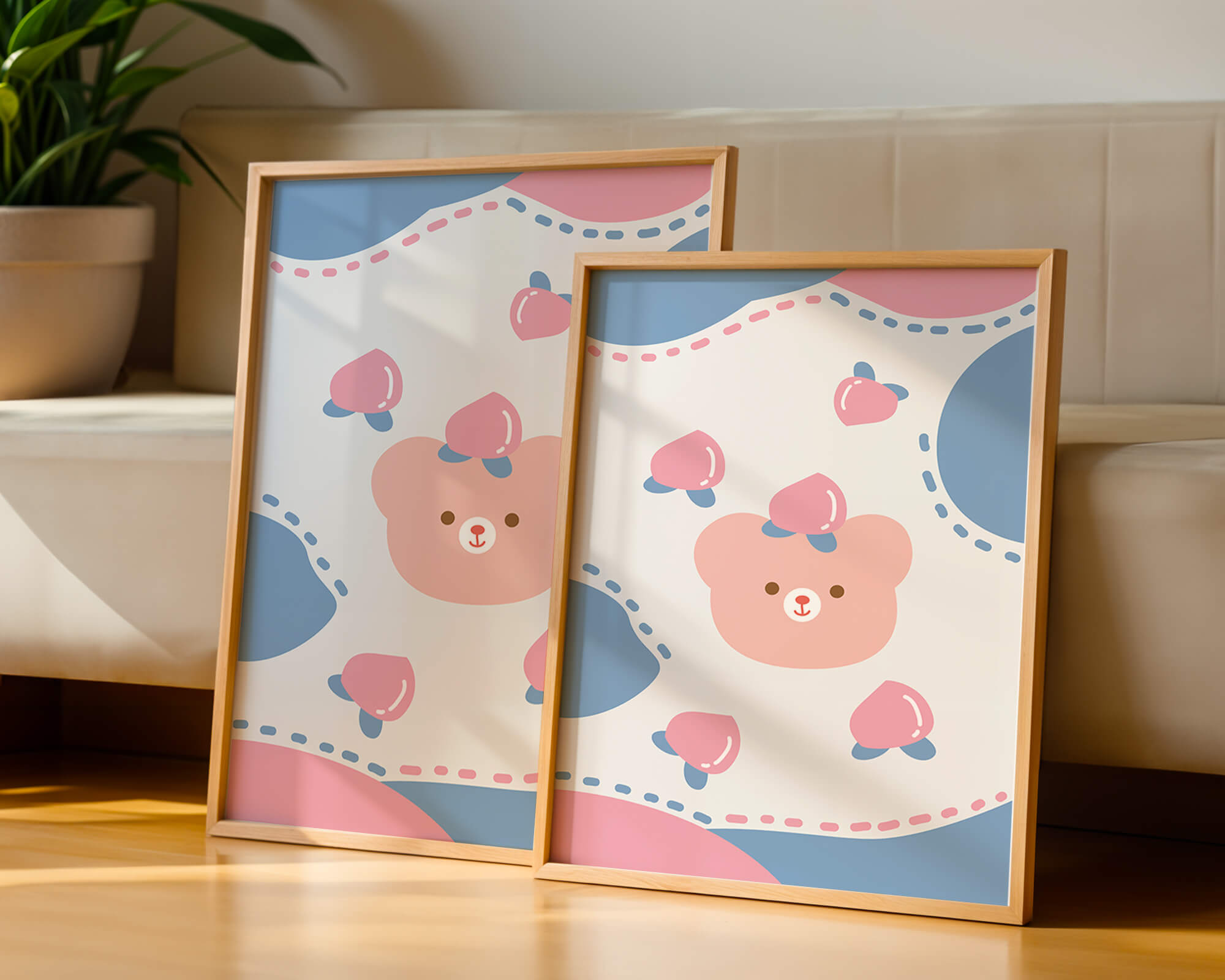 Adorable pastel bear with peaches and dotted background