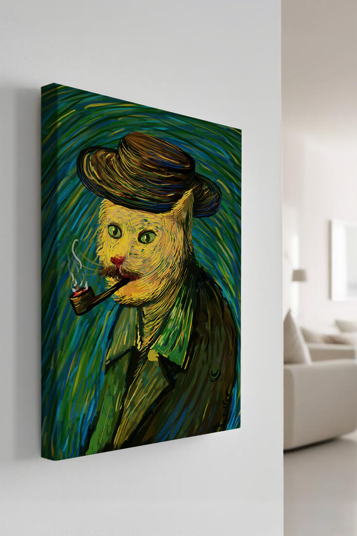Gato caprichoso fumando una pipa en un estilo pictórico vibrante