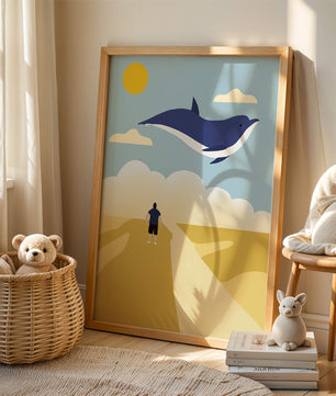 Surreal Landscape with Flying Blue Whale and Human on Desert Path