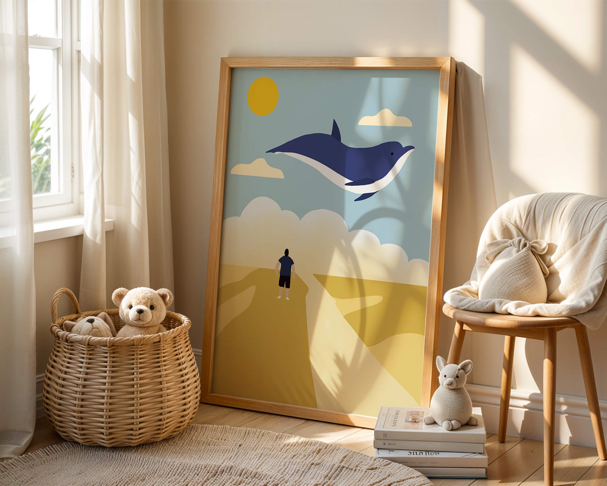 Paisaje surrealista con ballena azul voladora y humano en camino desértico