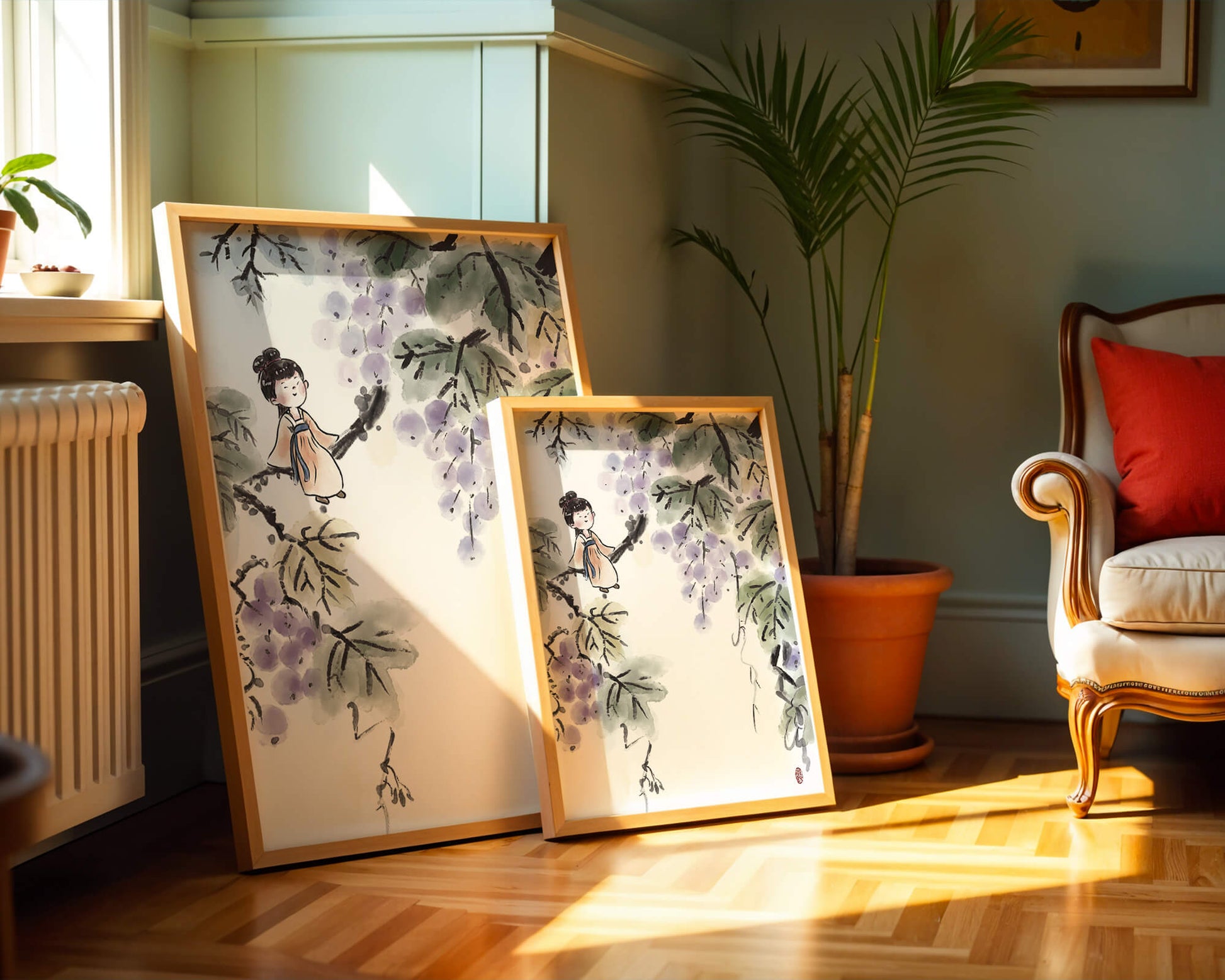 Una chica caprichosa sentada en una rama con bayas moradas y hojas verdes en estilo acuarela