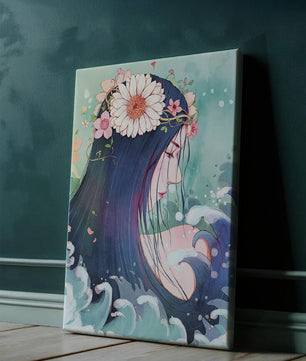 Illustration of a serene woman with floral crown and ocean waves