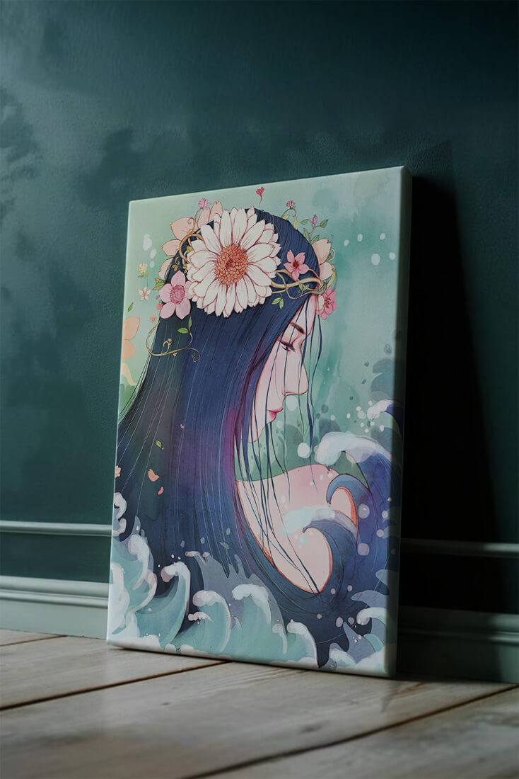 Illustration of a serene woman with floral crown and ocean waves