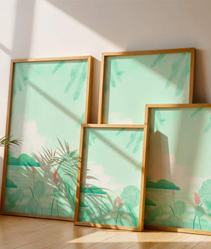 Paisaje de acuarela verde con nenúfares y colinas