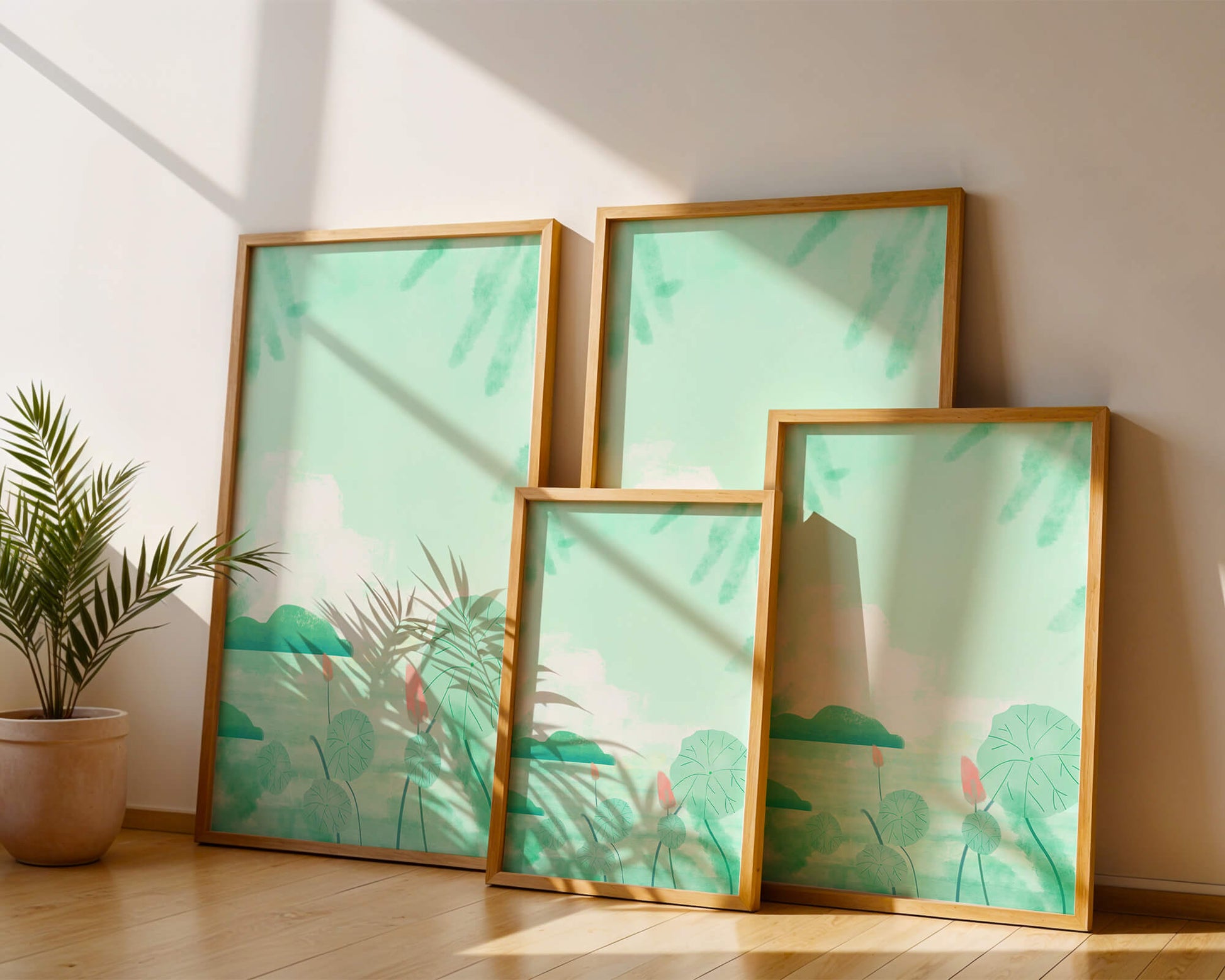 Paisaje de acuarela verde con nenúfares y colinas