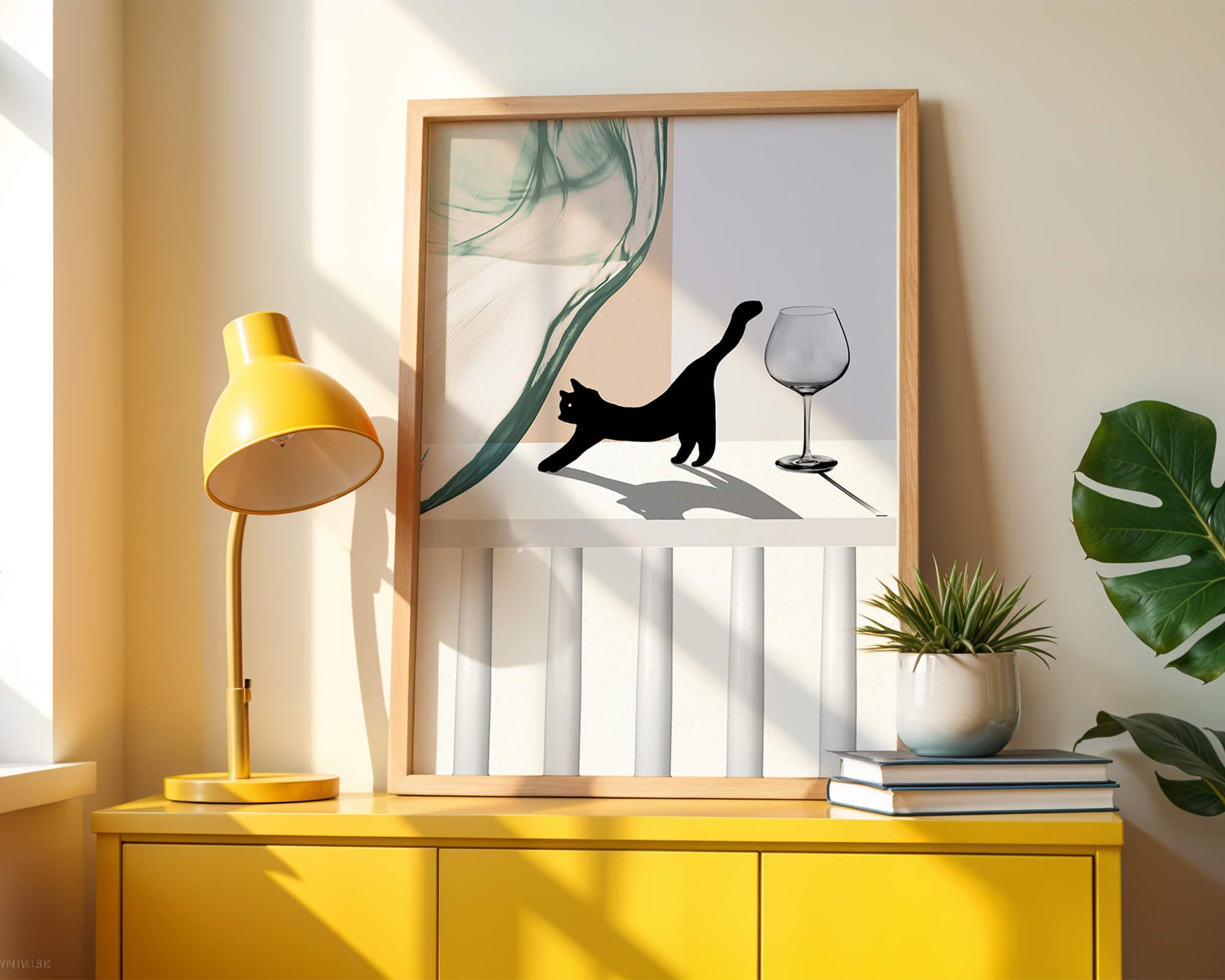 Abstract Composition with Black Cat and Wine Glass on Geometric Background
