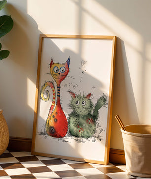 Ilustración artística colorida de dos gatos juguetones sobre fondo blanco