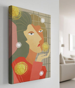 Abstract portrait artwork with geometric forms and gold accents