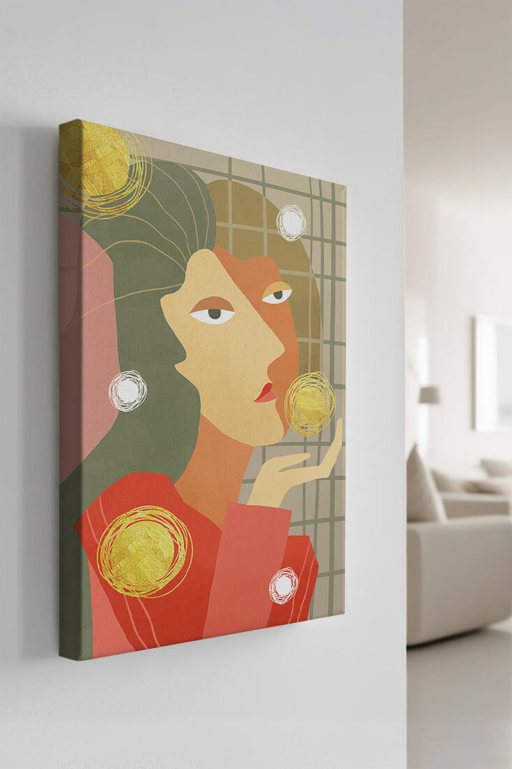 Abstract portrait artwork with geometric forms and gold accents