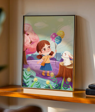 Charming Landscape with Girl Holding Balloons and White Bunny in Enchanted Forest