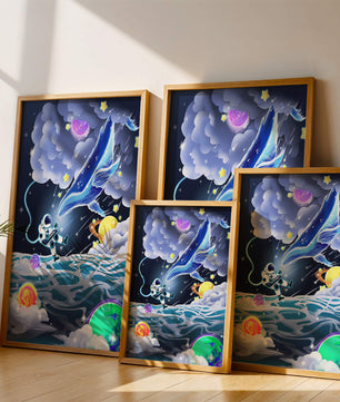 Astronaut Exploring a Surreal Cosmic Ocean with a Glowing Whale
