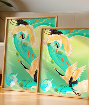 Elegante Kraniche und Fische in einer lebendigen Wasserszene