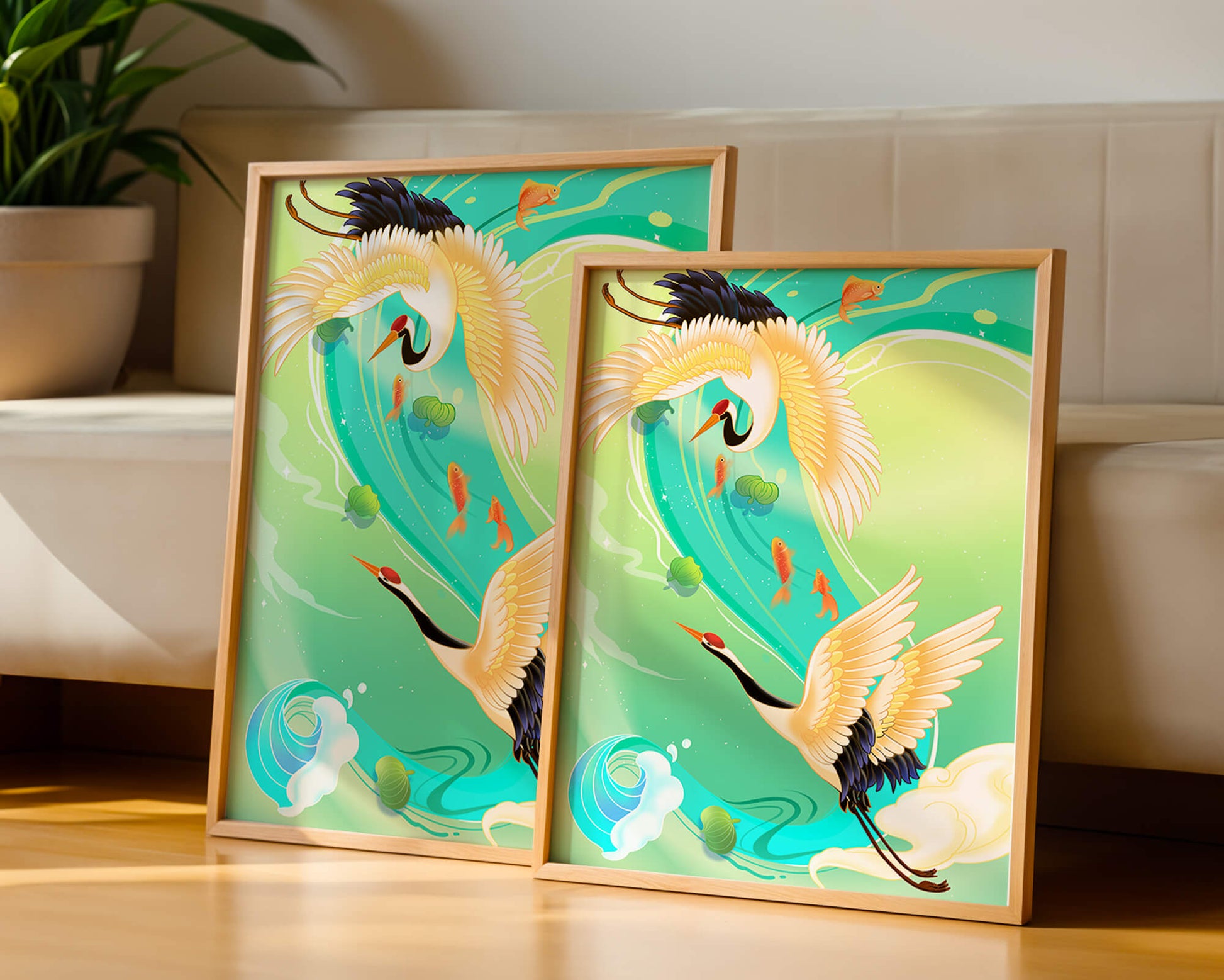 Elegante Kraniche und Fische in einer lebendigen Wasserszene