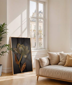 Elegant Gold Outlined Lotus On Dark Background - Mi tienda