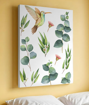 Illustration d'un colibri à l'aquarelle et de feuilles d'eucalyptus