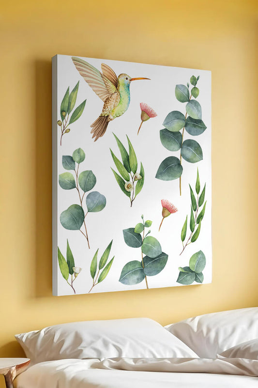 Watercolor hummingbird and eucalyptus leaves illustration