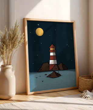 Escena nocturna tranquila con faro y estrellas que reflejan serenidad
