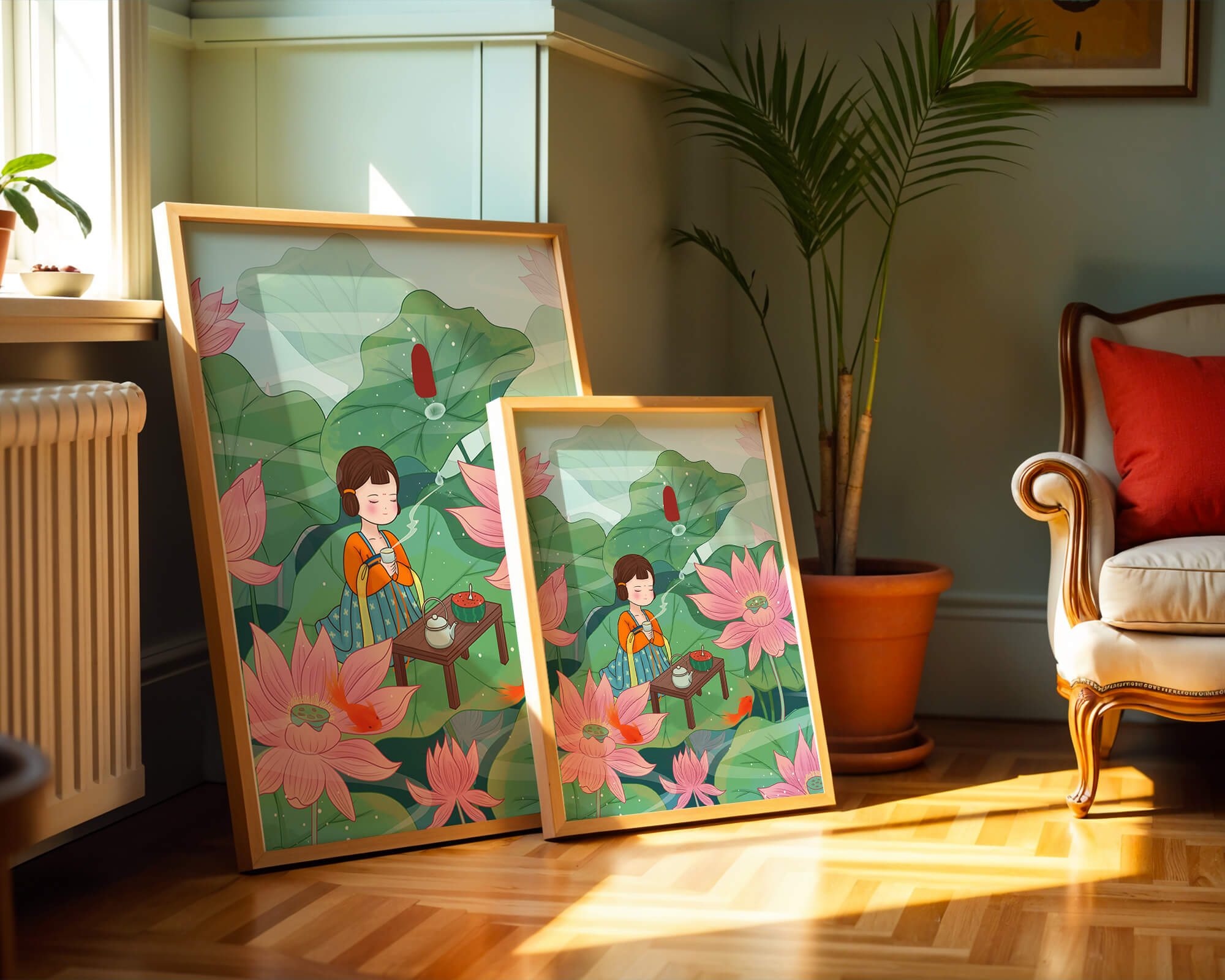 Serene illustration of a girl enjoying tea among lotus flowers
