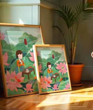 Serene illustration of a girl enjoying tea among lotus flowers