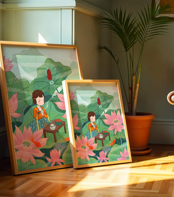 Serene illustration of a girl enjoying tea among lotus flowers