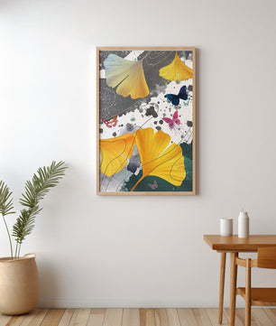 Artistic Composition with Yellow Leaves and Butterflies