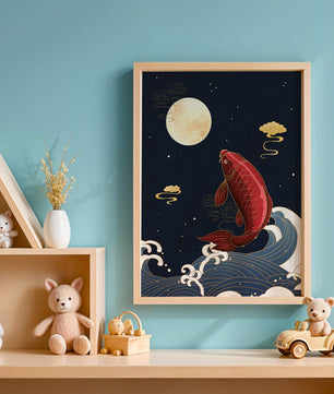 Traditional Japanese koi fish art with moonlit waves and clouds