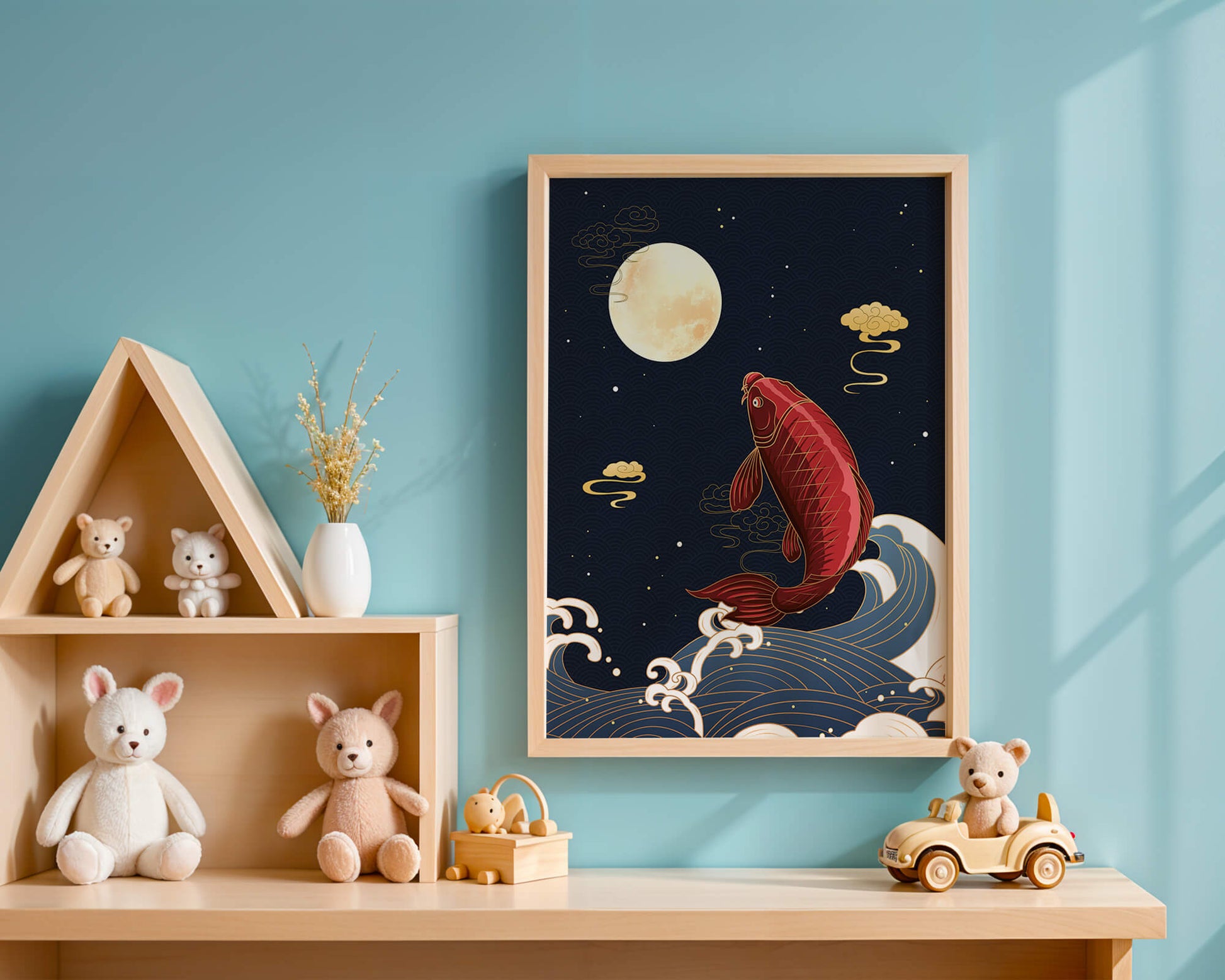 Traditional Japanese koi fish art with moonlit waves and clouds