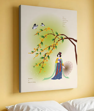 Traditional Chinese painting featuring a woman with flowers and butterflies