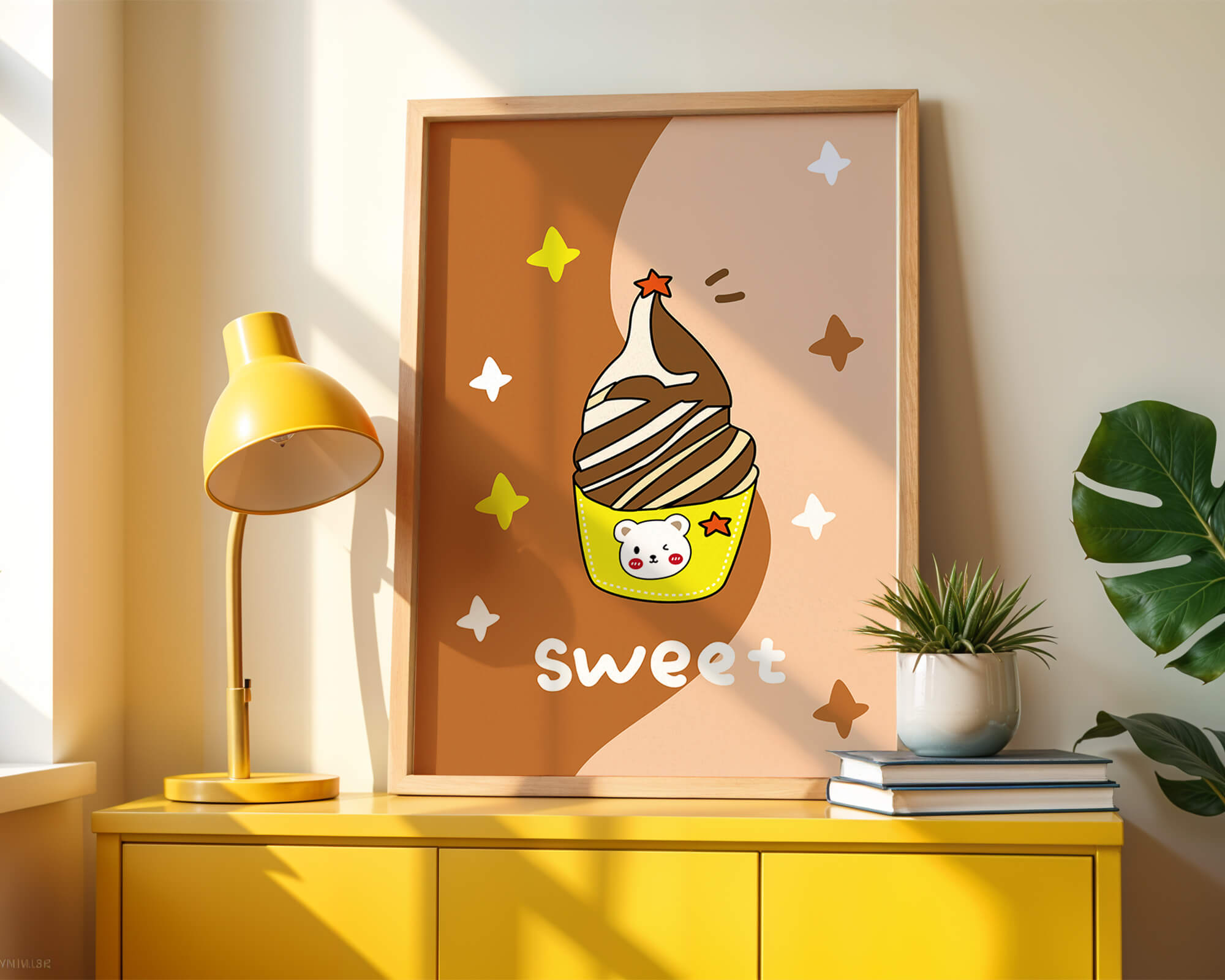 Adorable ice cream design with kawaii bear and colorful background