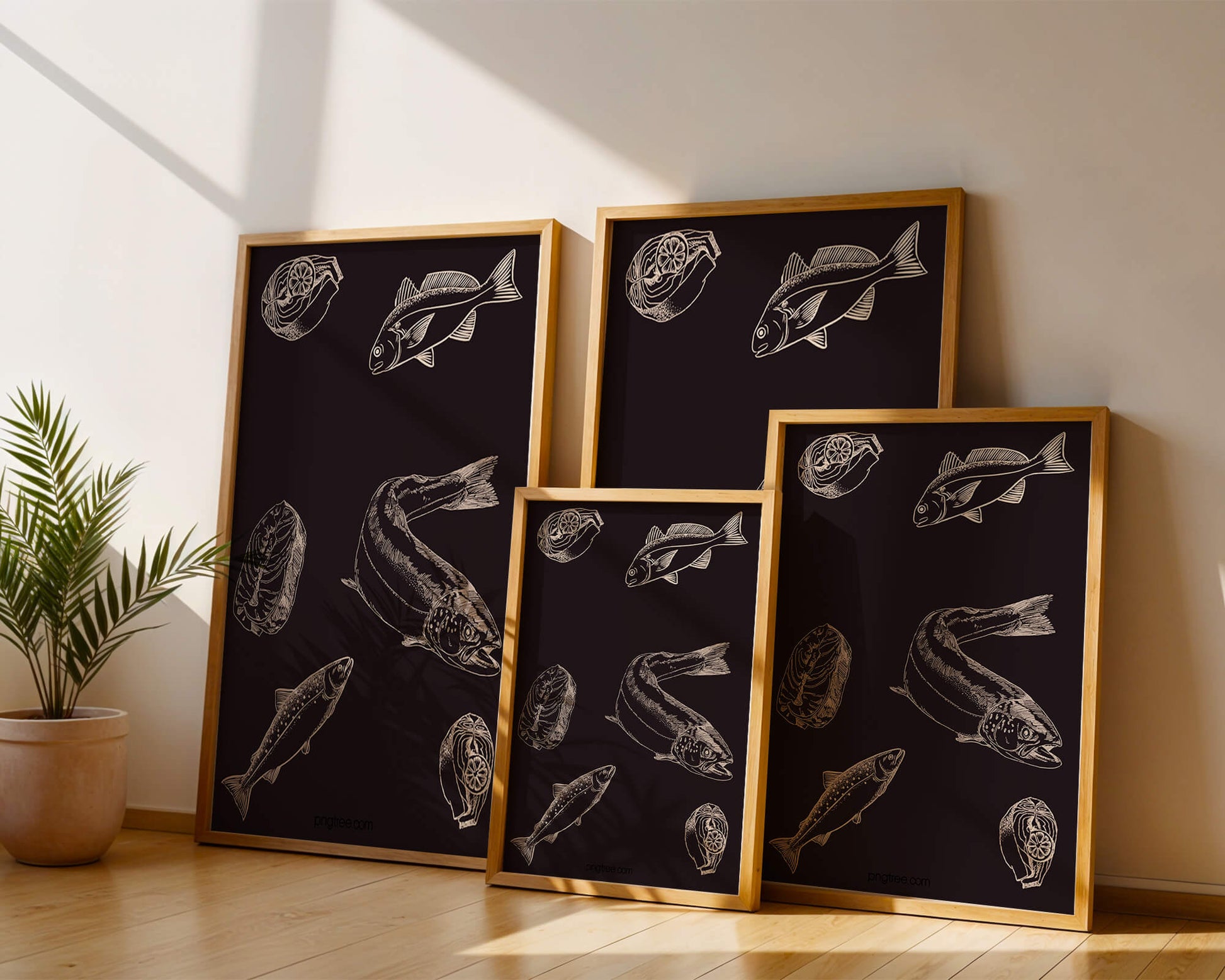 Detailed illustration of fish and seafood elements on dark background