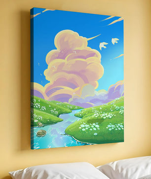 Serene landscape with rolling hills, stream, and vibrant sky