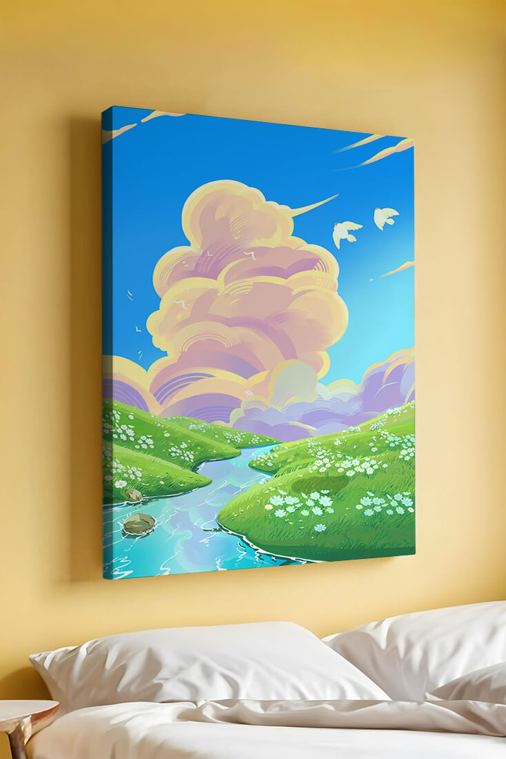 Serene landscape with rolling hills, stream, and vibrant sky