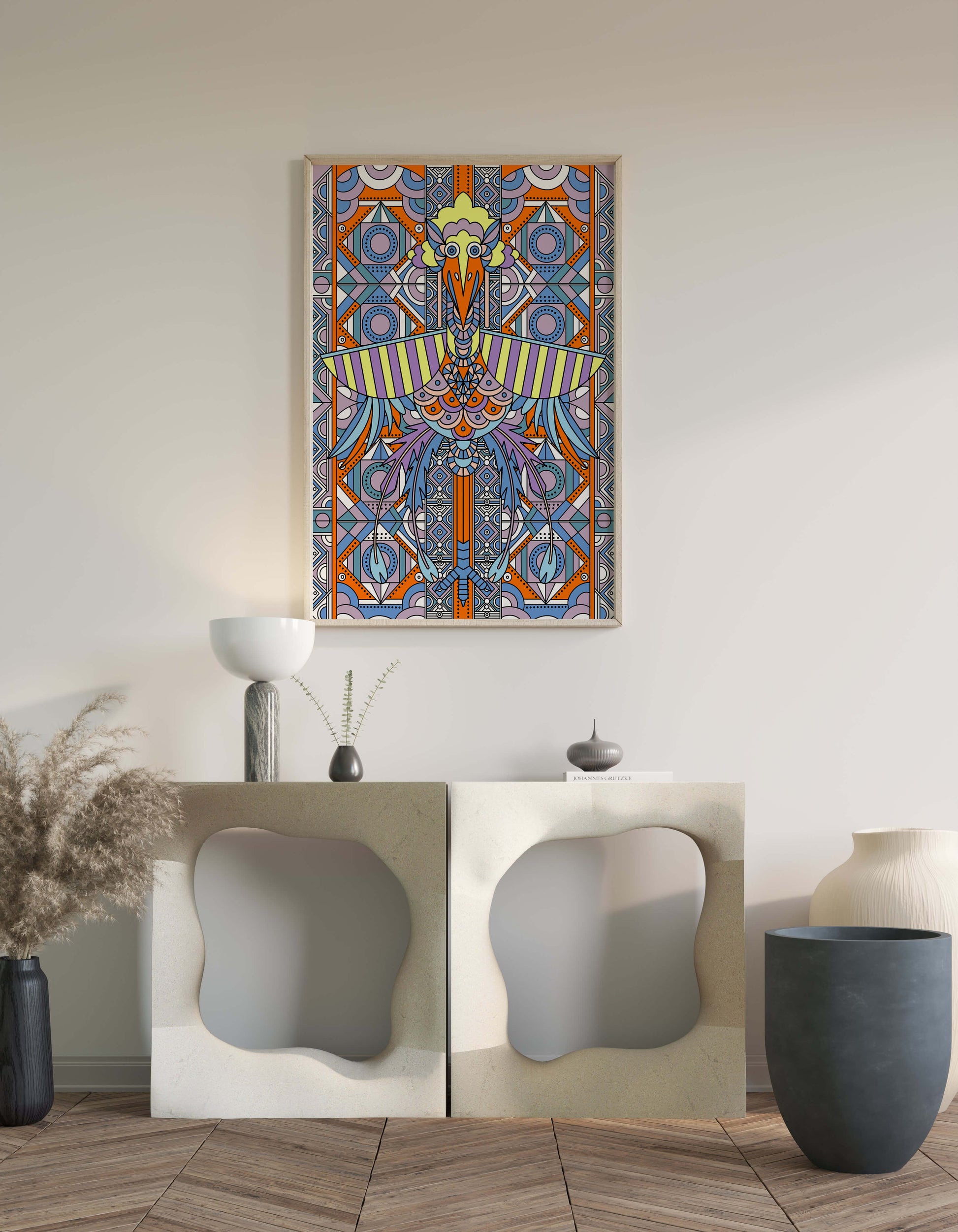 Arte geométrico de aves con patrones coloridos y detalles intrincados