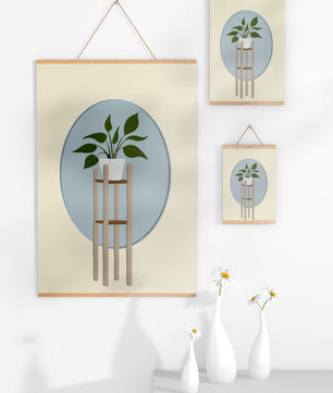Illustration botanique moderne d'une plante en pot sur un support en bois