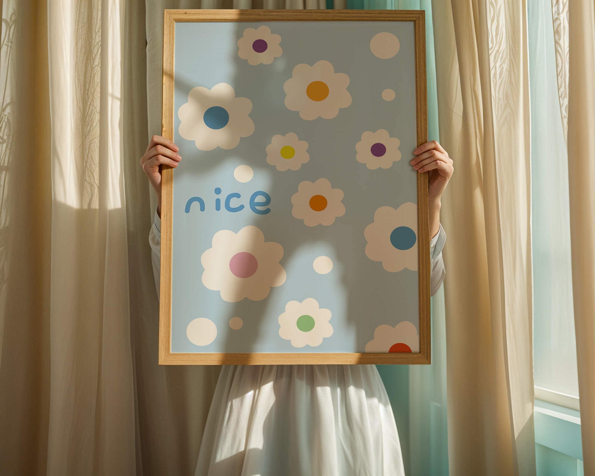 Pastel floral pattern with colorful centers on a blue background