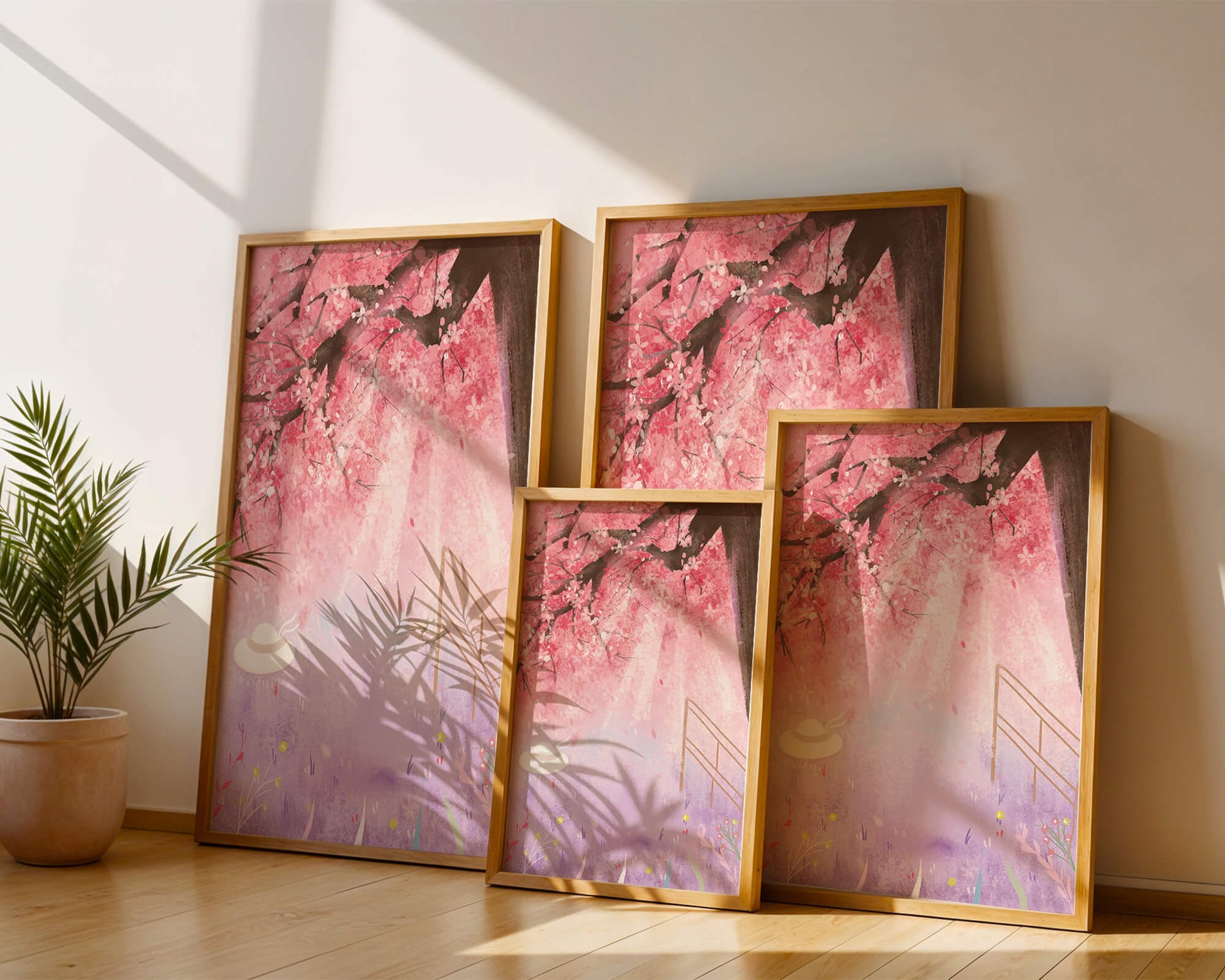 Cherry Blossom Garden with Spring Flowers and Sunlight