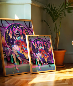Personaje futurista con atuendo tradicional asiático y telón de fondo de ciudad neón