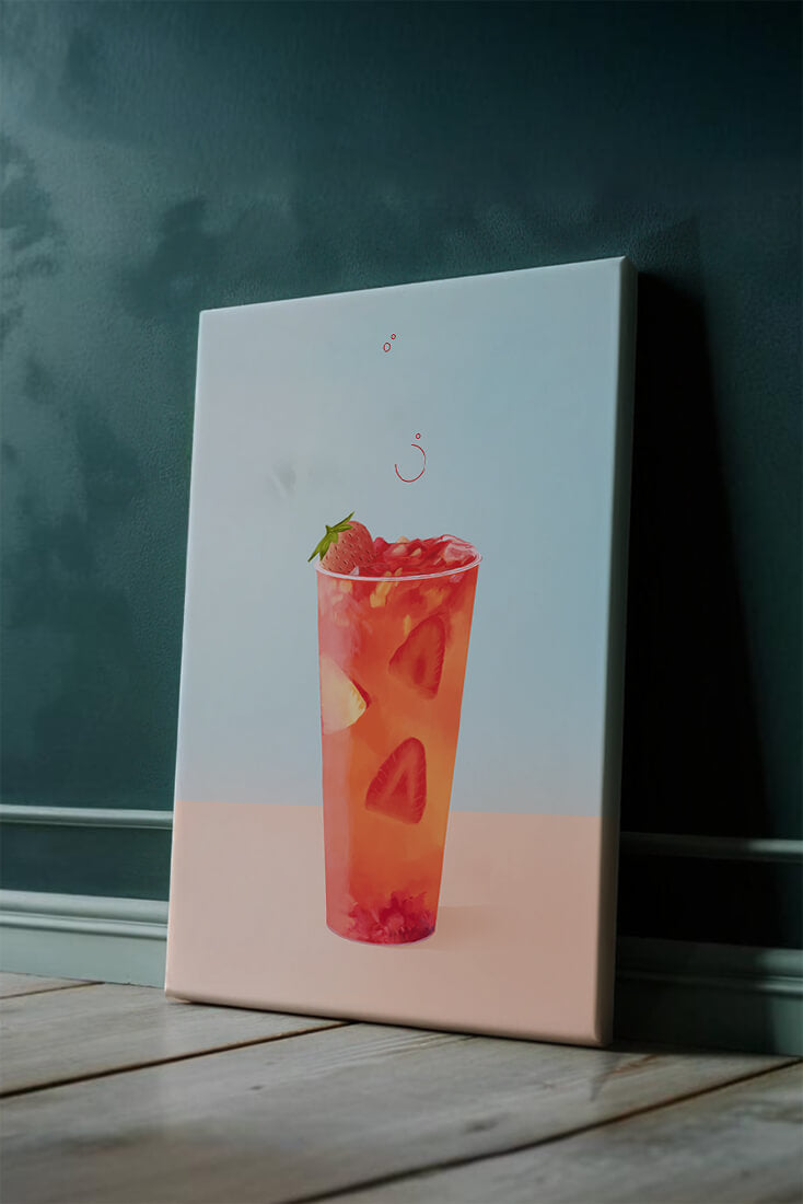 Refreshing strawberry drink with floating slices on pastel background