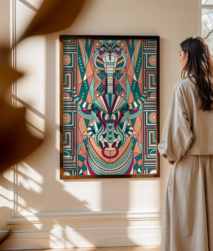 Patrón geométrico de animales con toro y cobra en colores vibrantes