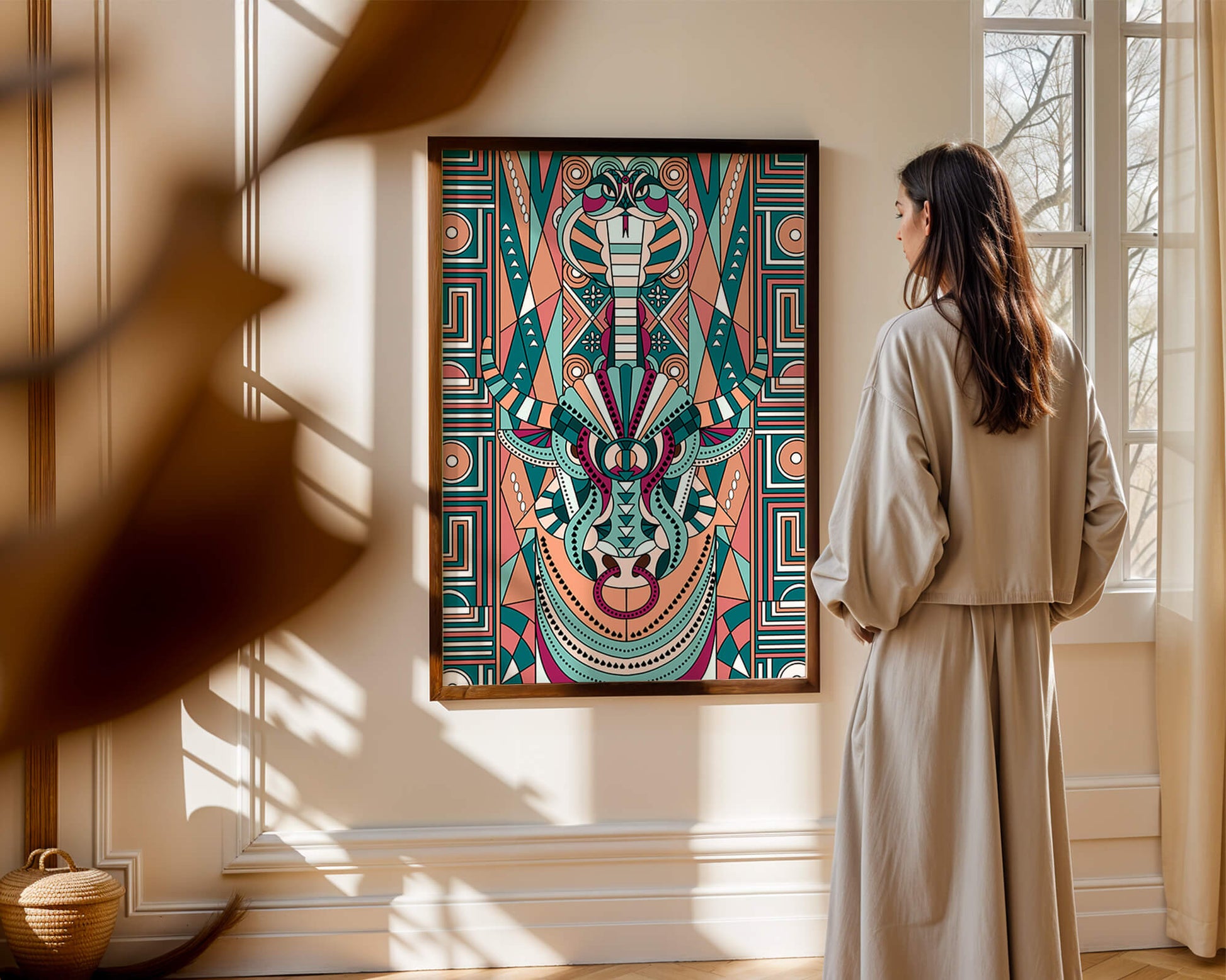 Patrón geométrico de animales con toro y cobra en colores vibrantes